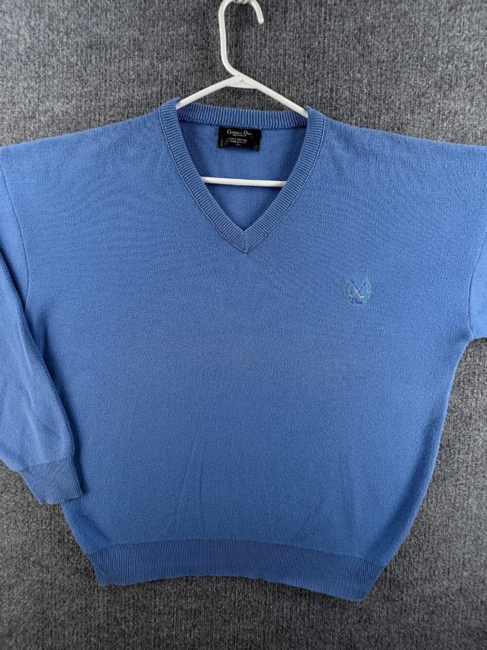 VTG Christian Dior Monsieur USA Mens Pullover Blue Large Sweater V-Neck Cotton